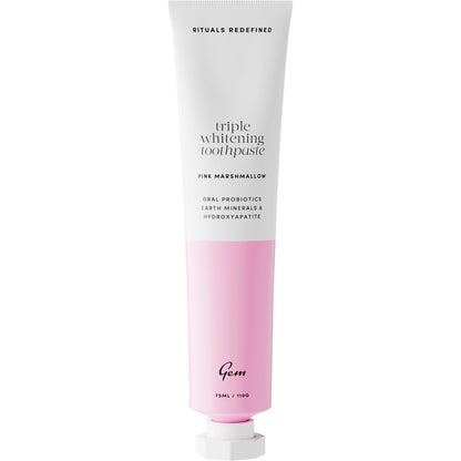 Gem Triple Whitening Toothpaste Pink Marshmallow 110g tube featuring a light pink and white design on a white background.