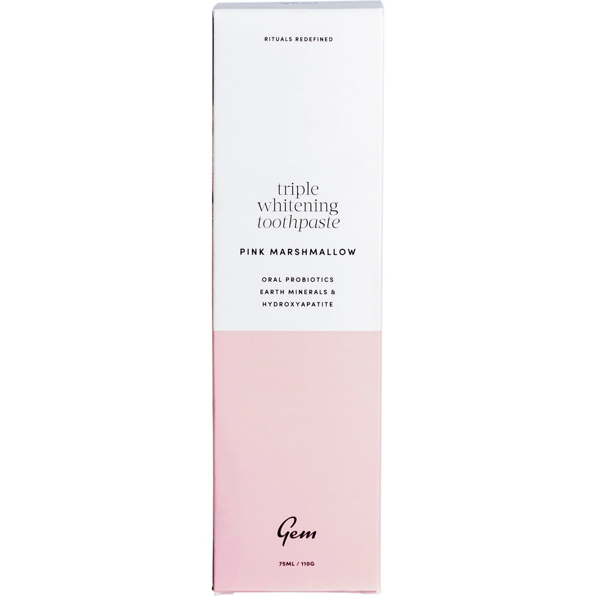 Pink Marshmallow Gem Triple Whitening Toothpaste 110g retail box featuring a light pink and white design.