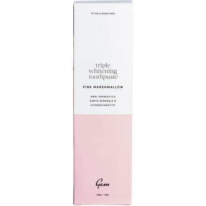 Pink Marshmallow Gem Triple Whitening Toothpaste 110g retail box featuring a light pink and white design.