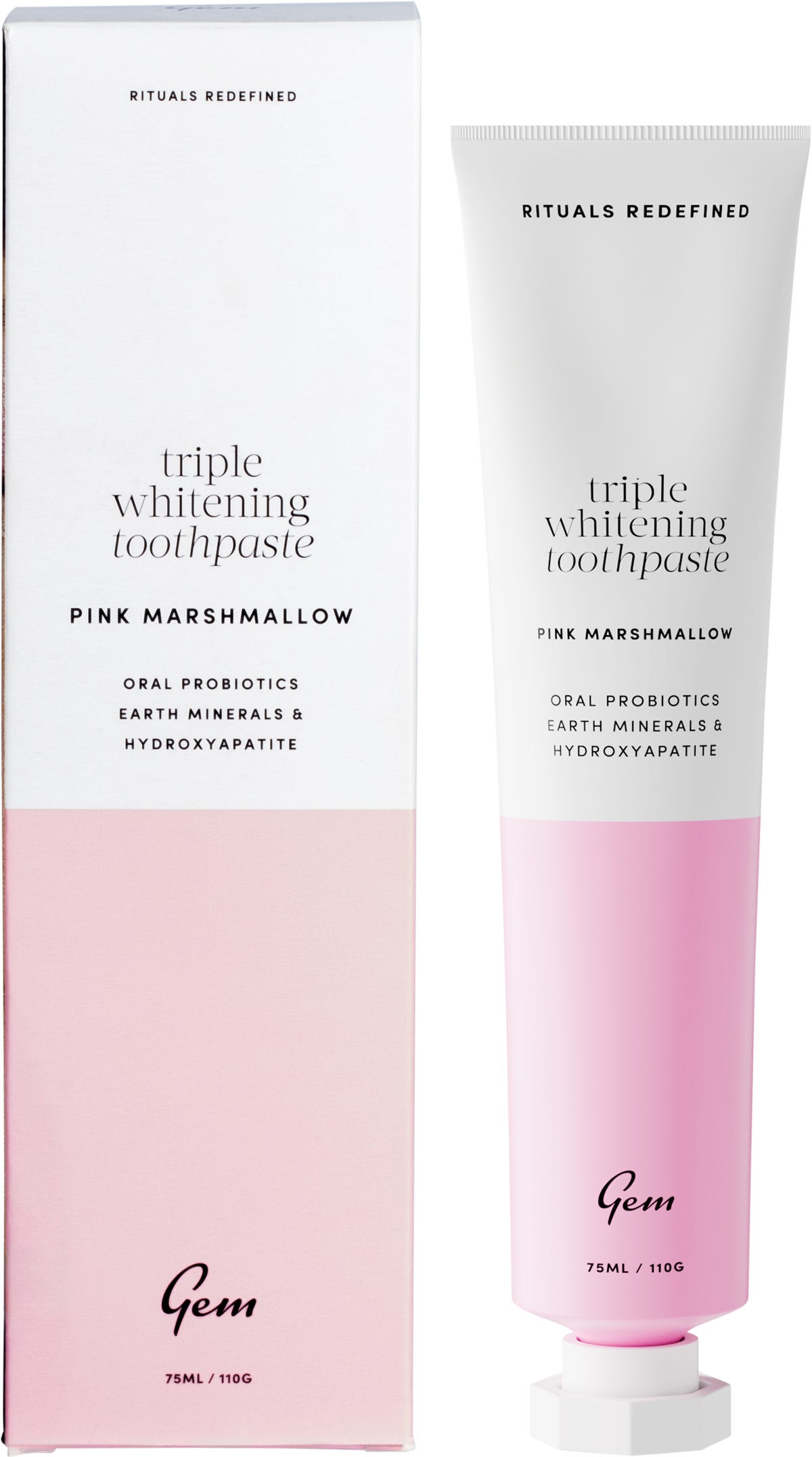 Pink Marshmallow Gem Triple Whitening Toothpaste 110g tube and matching box on a plain white background.