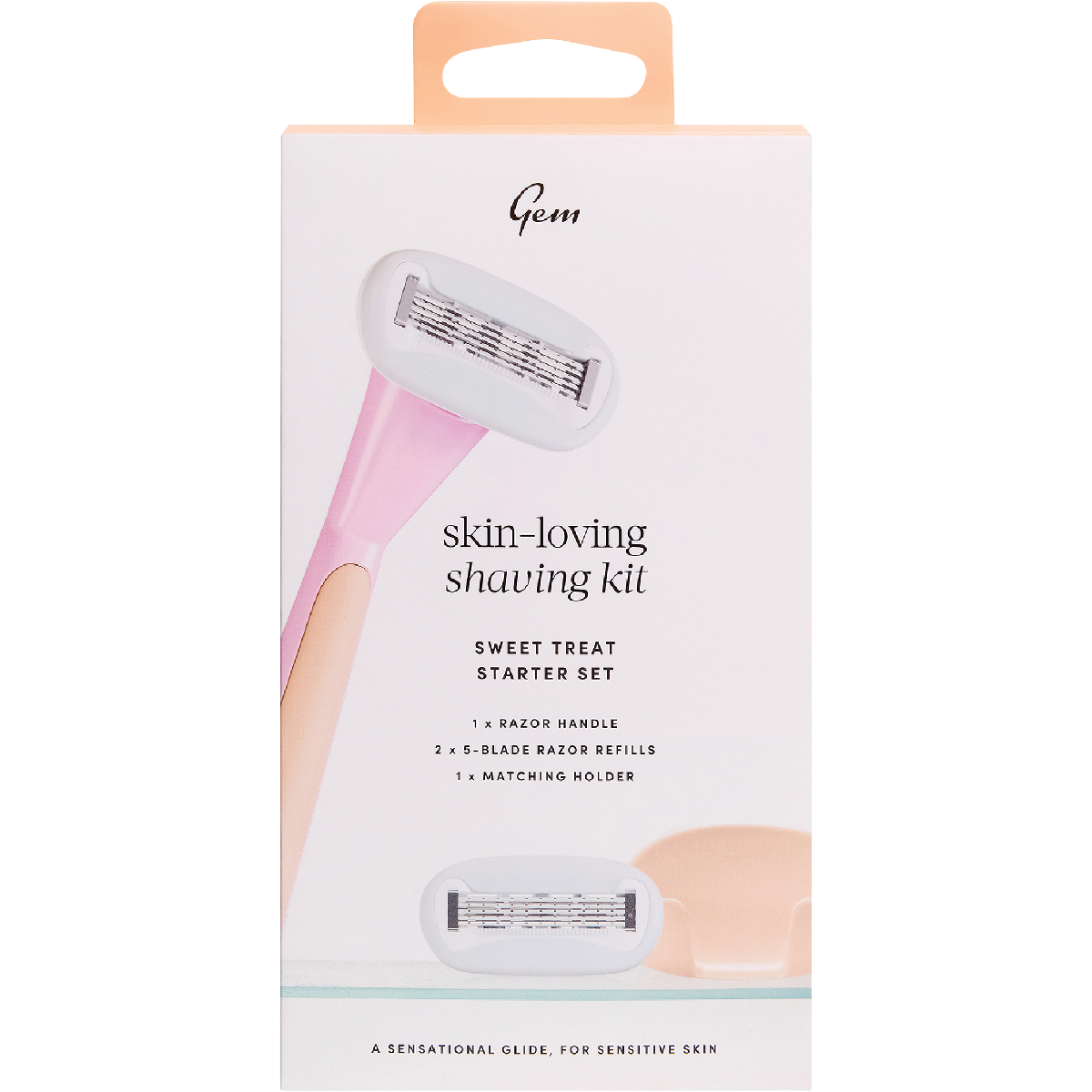 Gem Skin-Loving Shaving Kit Sweet Treat retail box with lilac floral illustrations and product details on a white background.