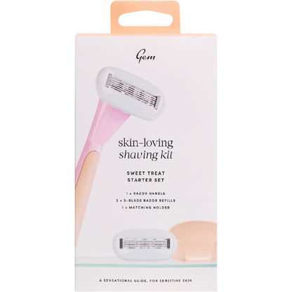 Gem Skin-Loving Shaving Kit Sweet Treat retail box with lilac floral illustrations and product details on a white background.