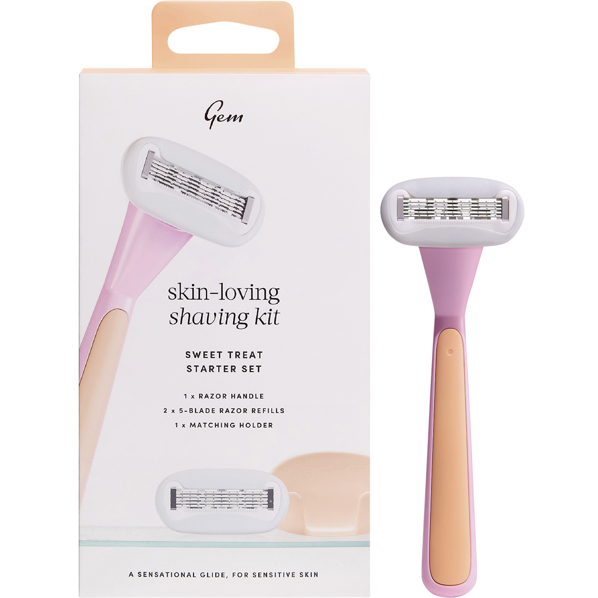 Gem Skin-Loving Shaving Kit Sweet Treat featuring a lilac razor, two refills, and a matching holder.