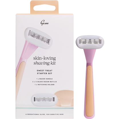 Gem Skin-Loving Shaving Kit Sweet Treat featuring a lilac razor, two refills, and a matching holder.