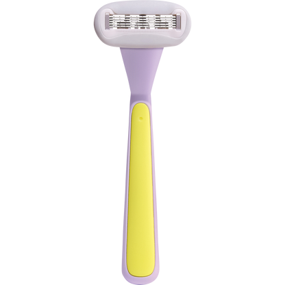 Purple Gem Queen Dream shaving kit including a weighted razor handle, two 5-blade refills, and a matching holder.