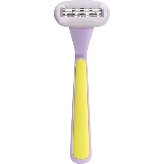 Purple Gem Queen Dream shaving kit including a weighted razor handle, two 5-blade refills, and a matching holder.