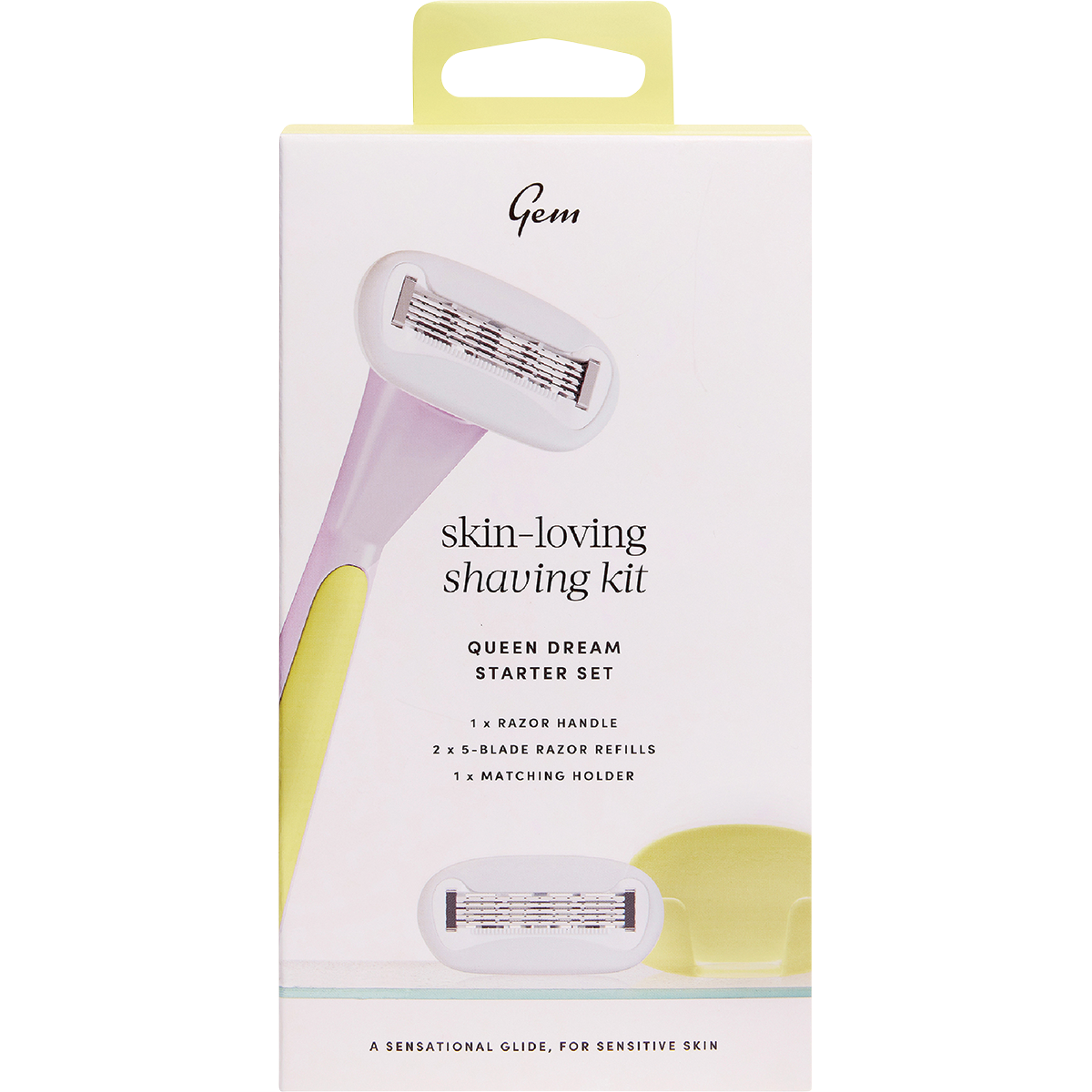 Purple Gem Queen Dream shaving kit starter set in a purple box featuring a razor, two refills, and a holder.