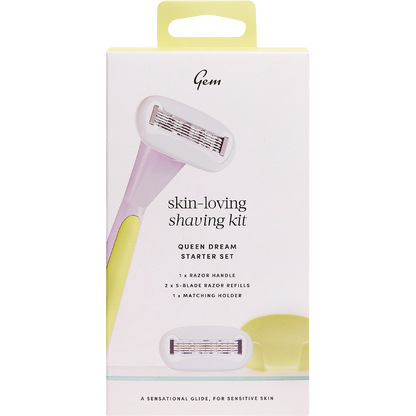 Purple Gem Queen Dream shaving kit starter set in a purple box featuring a razor, two refills, and a holder.