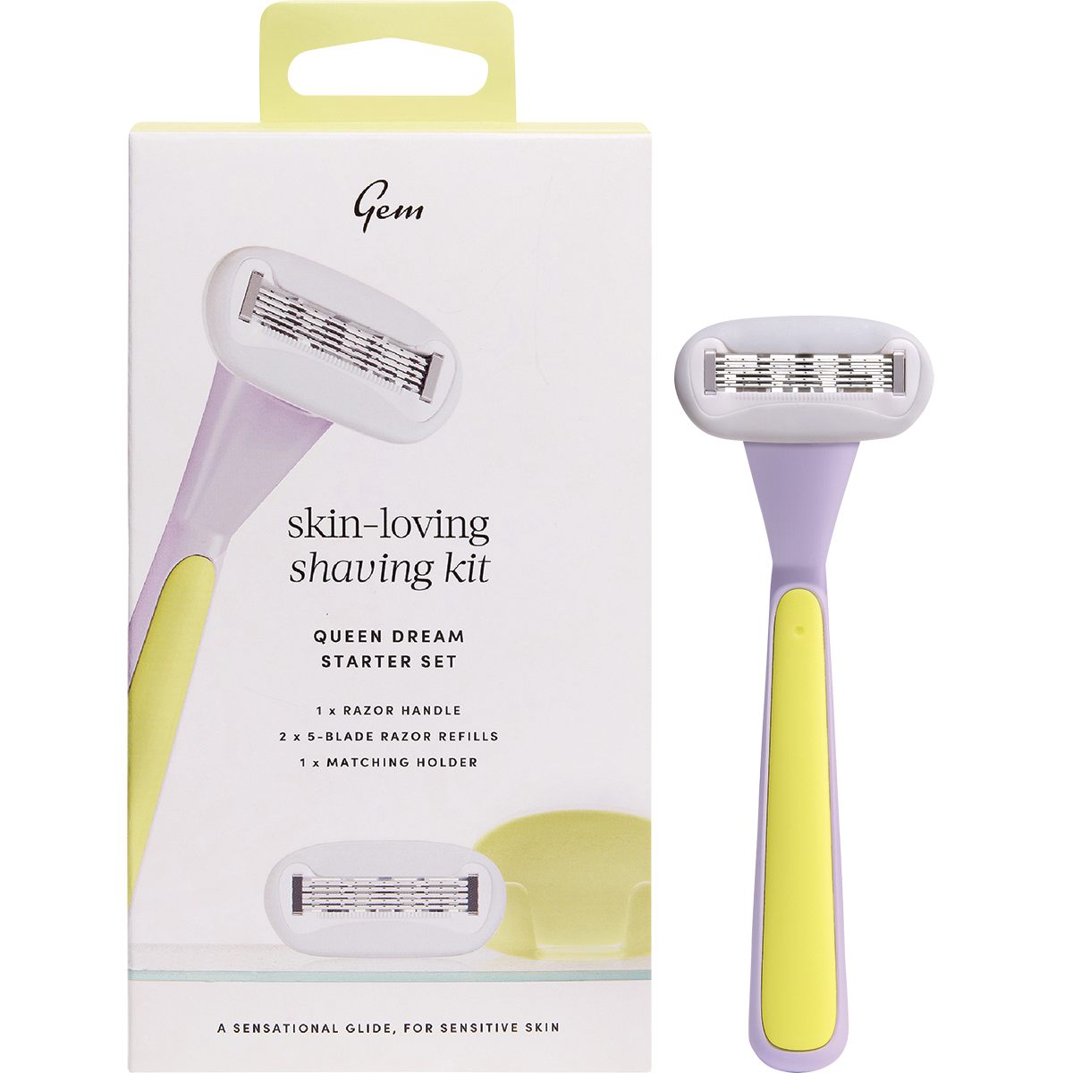 Purple Gem Queen Dream shaving kit with a weighted razor handle, two 5-blade refills, and a matching holder.