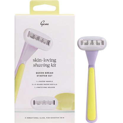 Purple Gem Queen Dream shaving kit with a weighted razor handle, two 5-blade refills, and a matching holder.
