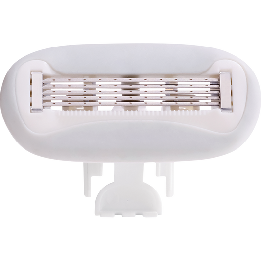 Four-pack of Gem 5-blade razor refills infused with hyaluronic acid, aloe vera, and vitamin E for a close, smooth shave.