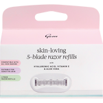 Gem 5-blade razor refills 4-pack box in pink and white with product features on a white background.