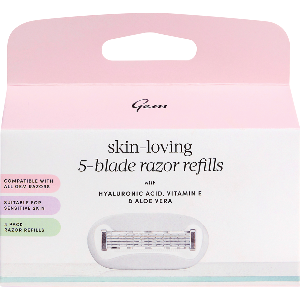 Gem 5-blade razor refills 4-pack box in pink and white with product features on a white background.