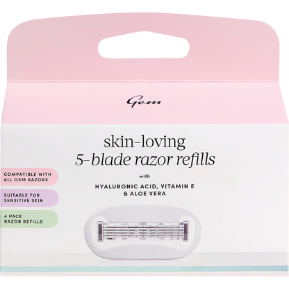 Gem 5-blade razor refills 4-pack box in pink and white with product features on a white background.