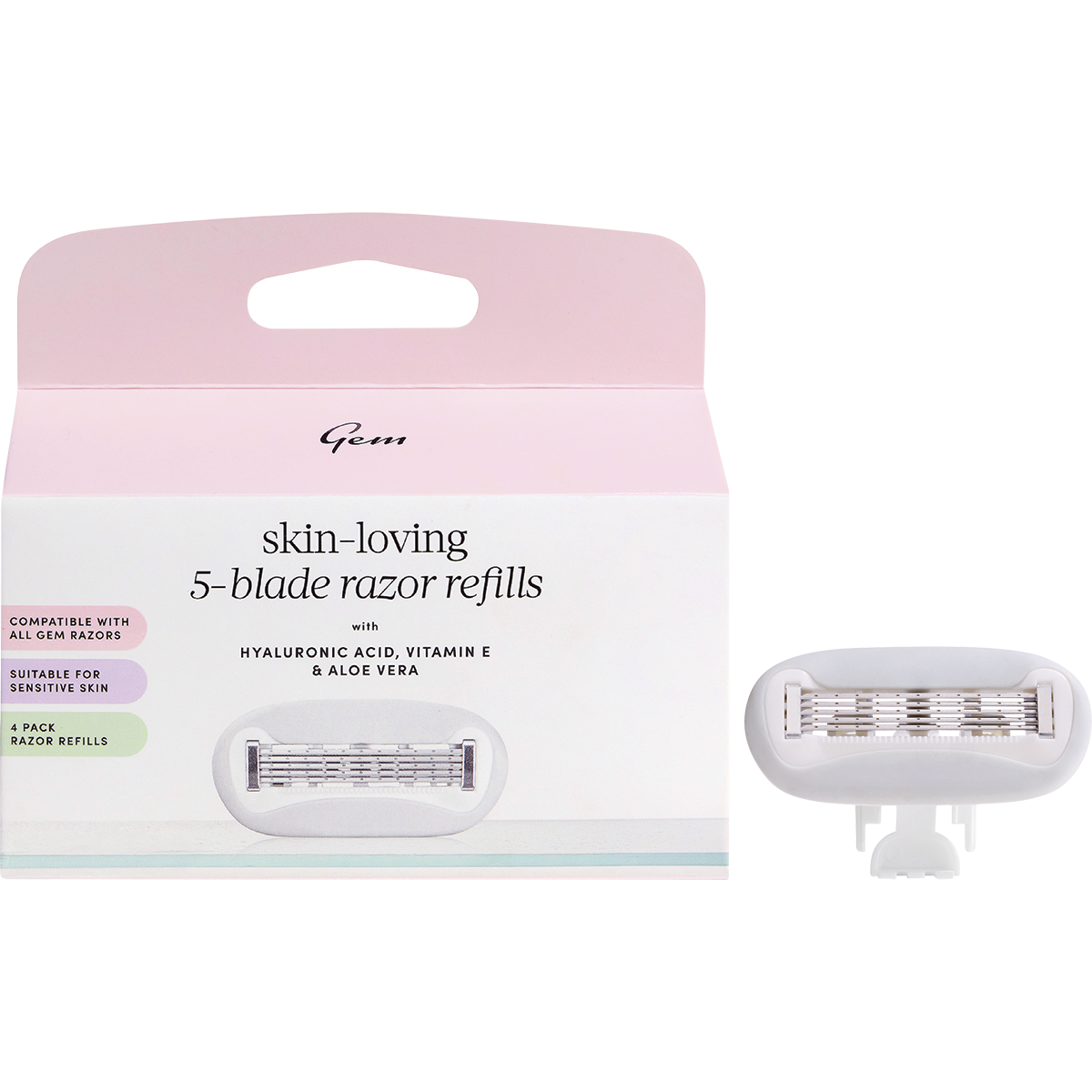 Gem Skin-Loving 5-blade razor refills 4-pack shown with a single refill unit and its product box on a white background.