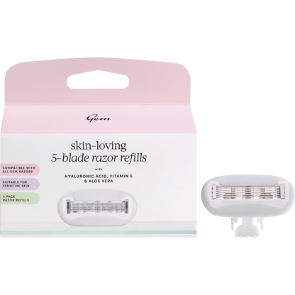 Gem Skin-Loving 5-blade razor refills 4-pack shown with a single refill unit and its product box on a white background.