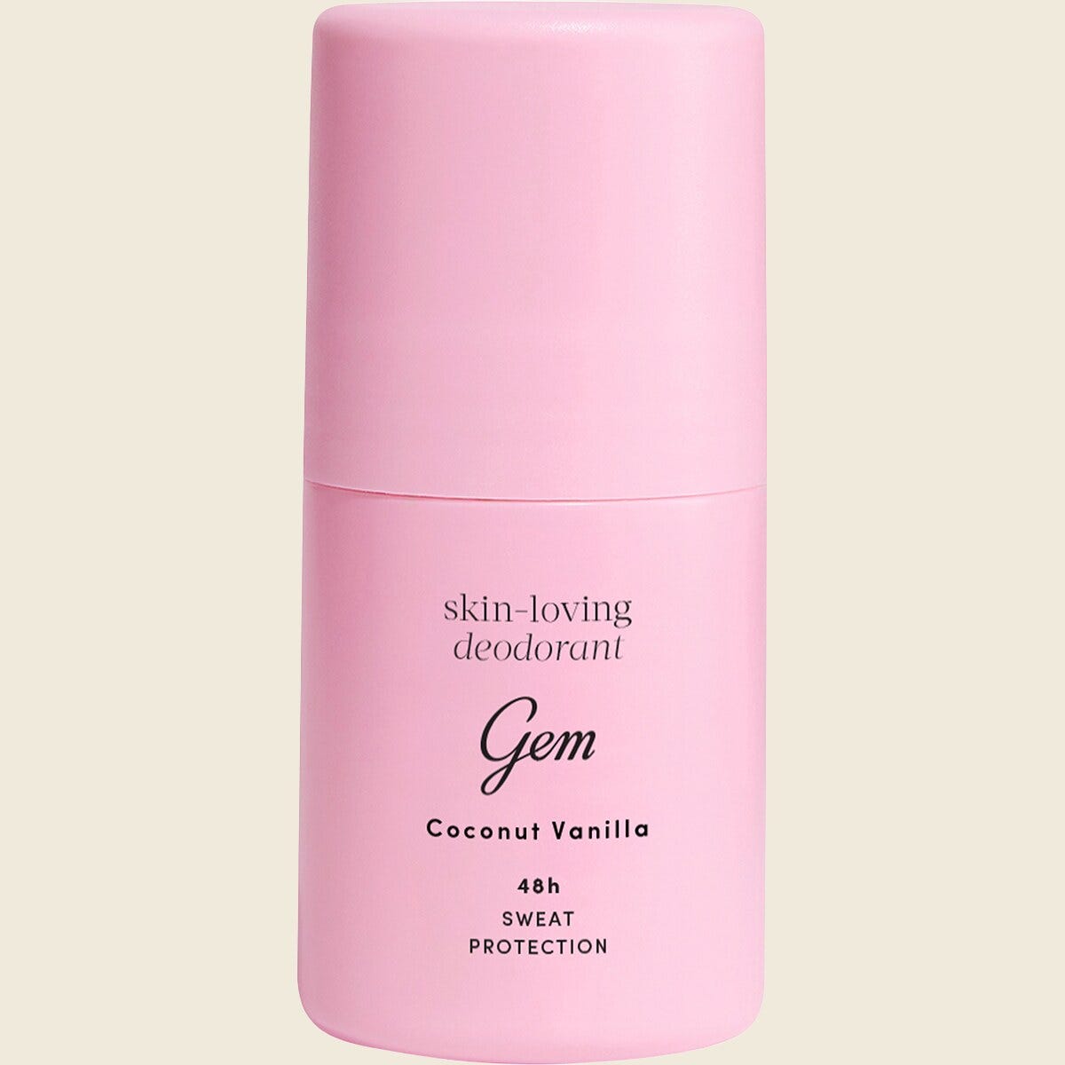 50ml bottle of Gem Skin-Loving Roll On Deodorant in Coconut Vanilla with a white cap and beige label.