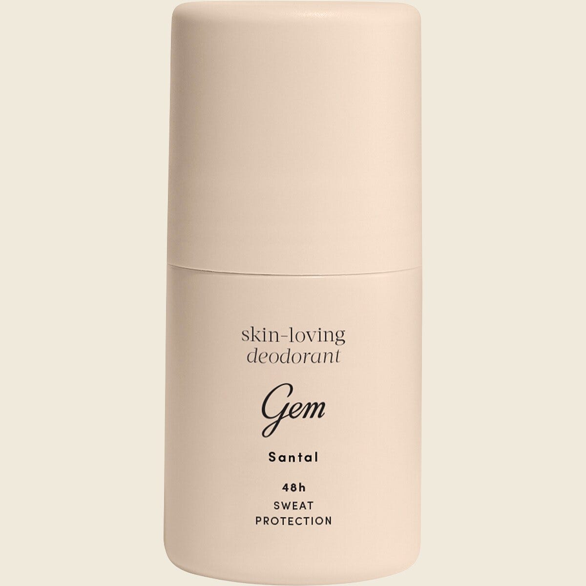 50ml Gem Skin-Loving Roll On Deodorant in Santal with a white bottle, tan label, and matching tan cap.