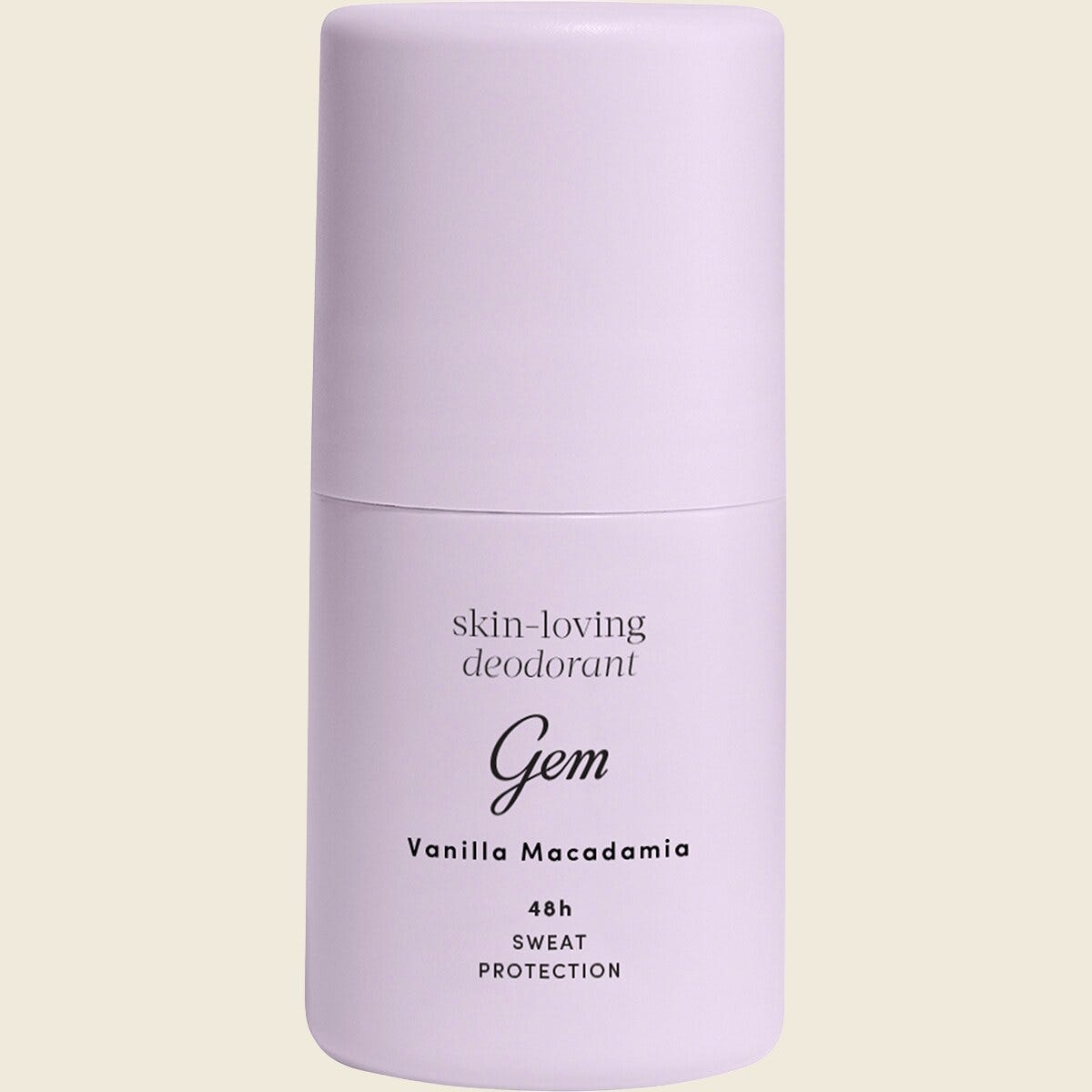 50ml bottle of Gem Vanilla Macadamia Skin-Loving Roll On Deodorant with a white cap.