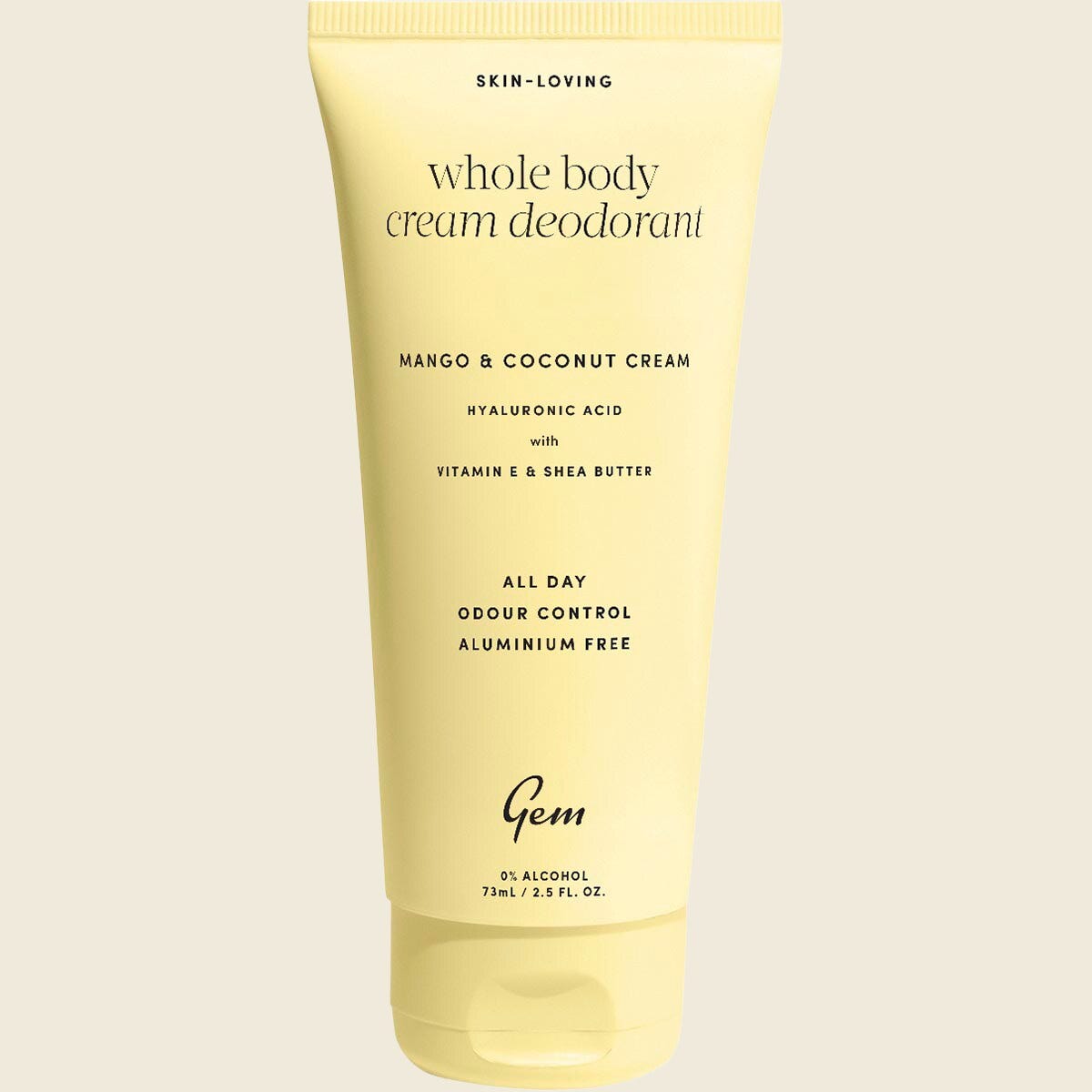 73ml tube of Gem Mango and Coconut Whole Body Cream Deodorant with a light orange label on a white background.