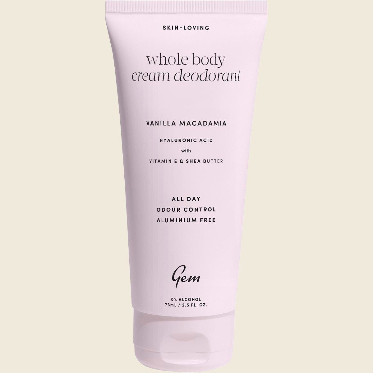 73ml tube of Gem Whole Body Cream Deodorant in Vanilla Macadamia with a minimalist white and tan design.