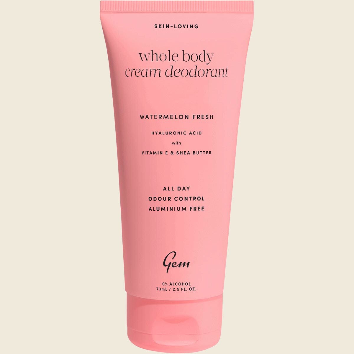 73ml tube of Gem Whole Body Cream Deodorant in Watermelon Fresh with a light green and pink label.