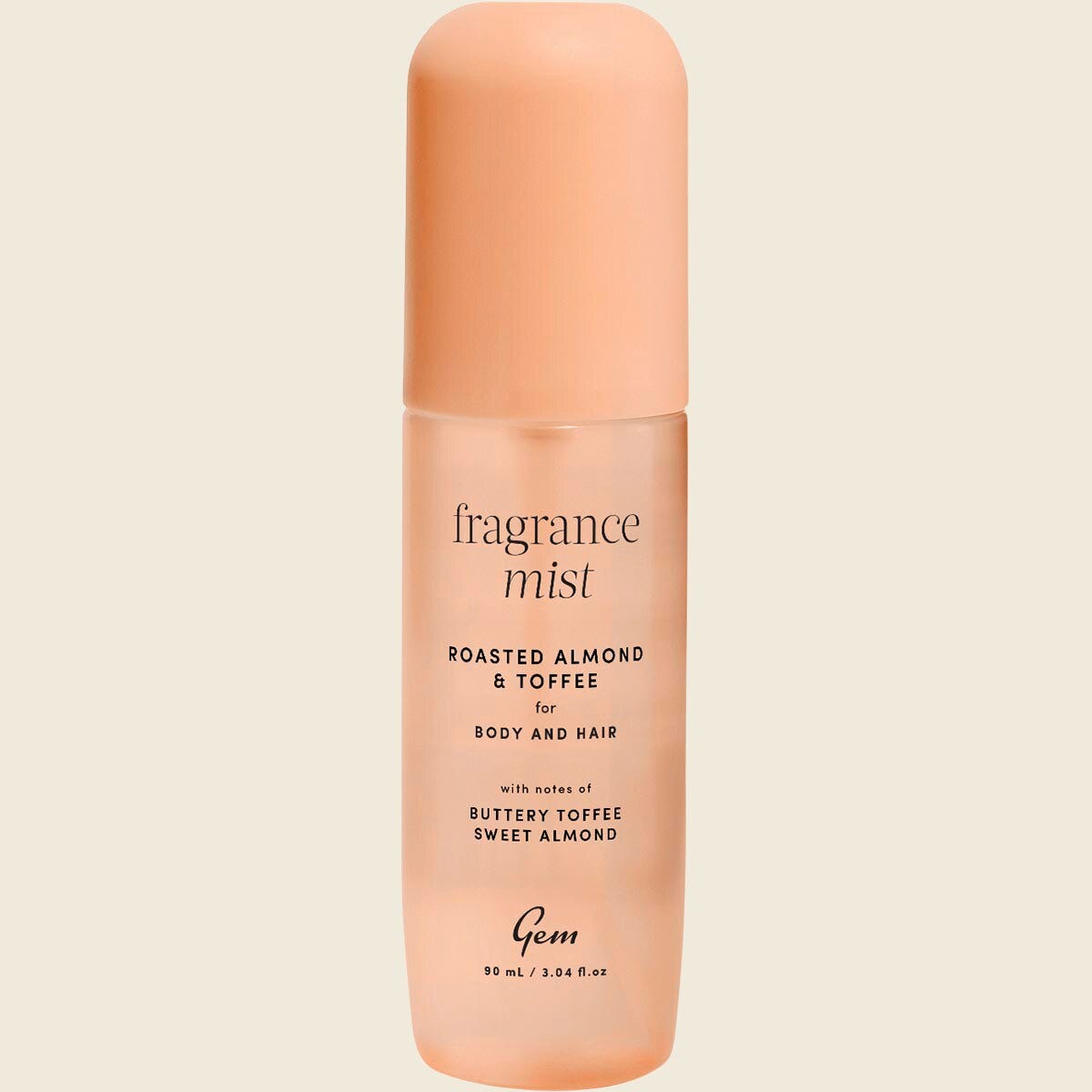 90ml bottle of Gem Roasted Almond & Toffee fragrance mist for body and hair with a fine mist applicator.