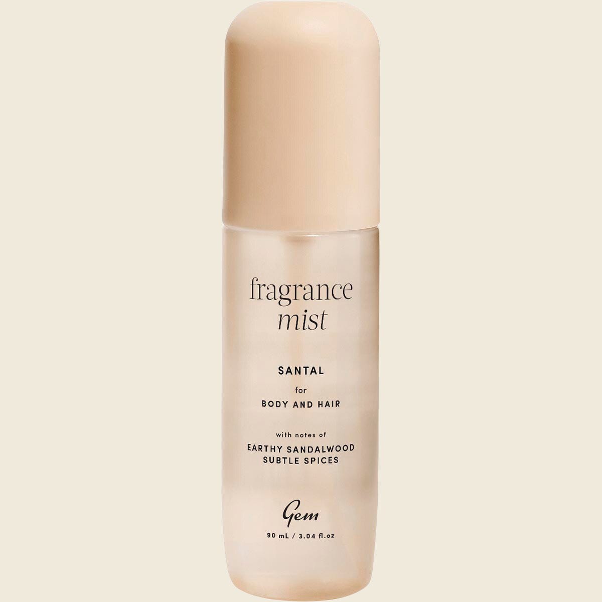 90ml bottle of Gem Santal Fragrance Mist for hair and body with a pink cap and minimalist label on a white background.