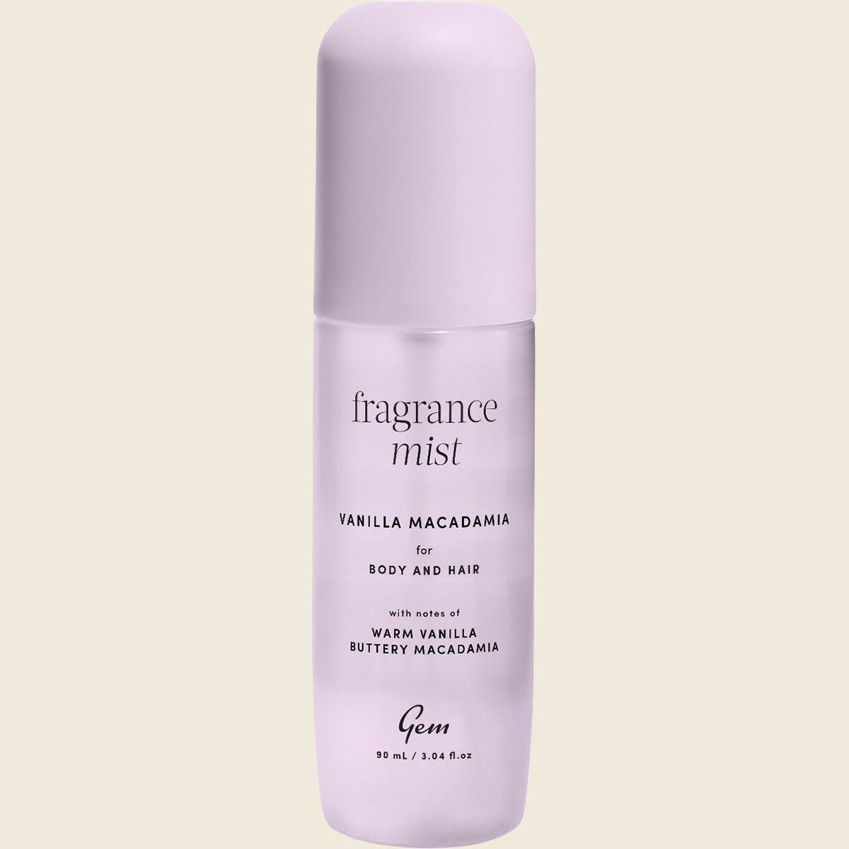 Gem Fragrance Mist for body and hair in Vanilla Macadamia, 90ml spray bottle with a clear cap.
