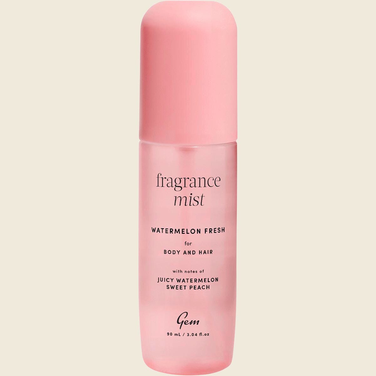 90ml bottle of Gem Watermelon Fresh fragrance mist for body and hair with a clear cap and pink label.