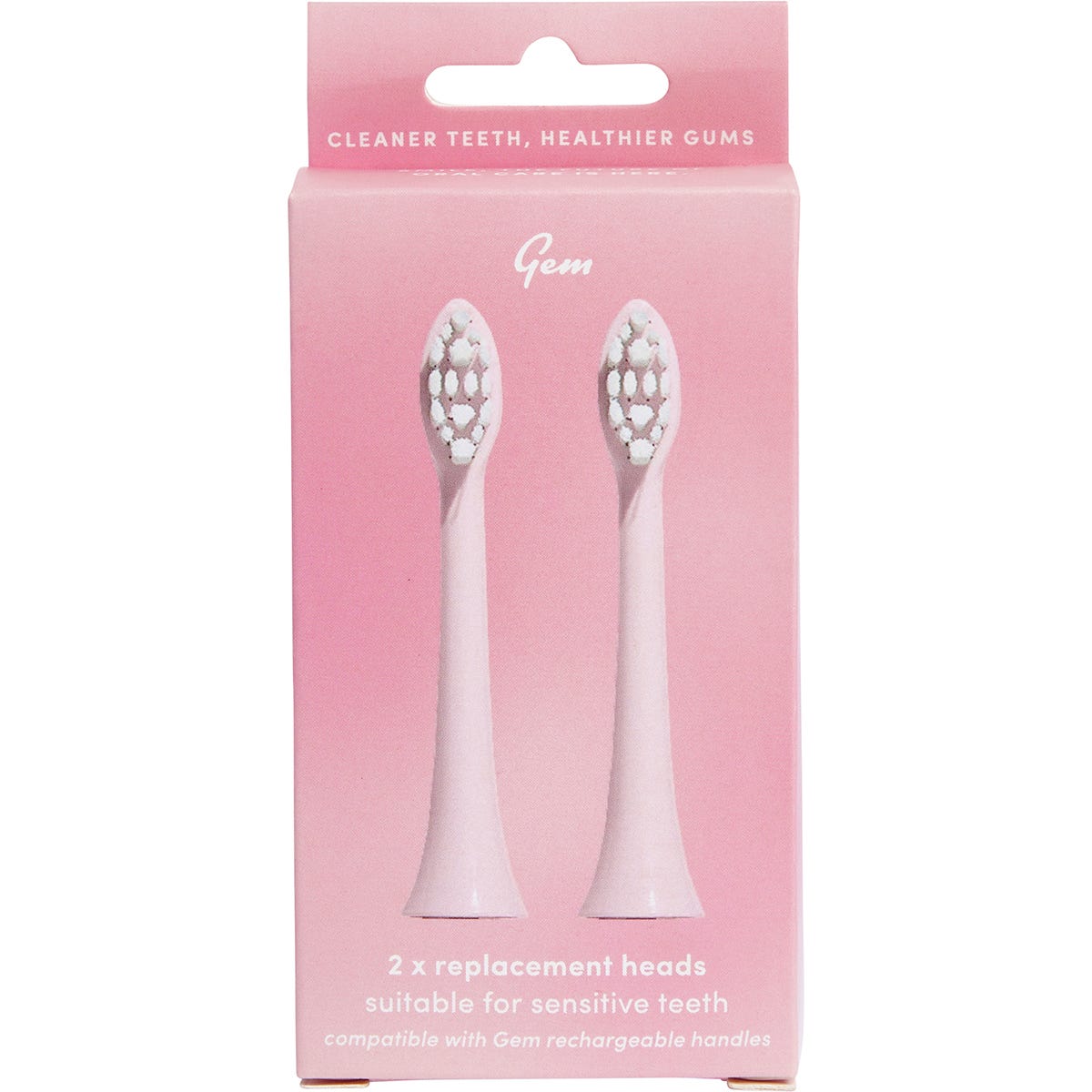Front view of the Gem Electric Toothbrush Replacement Heads Coconut 2 Pack retail box on a white background.