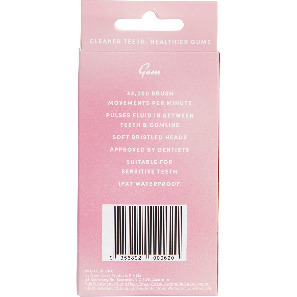 Back of Gem Electric Toothbrush Replacement Heads Coconut 2 Pack box showing directions and recyclable materials.