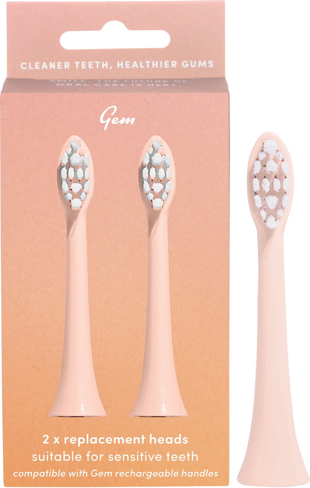 Gem 2-pack watermelon electric toothbrush replacement heads with soft bristles and recyclable pastel-hued design.