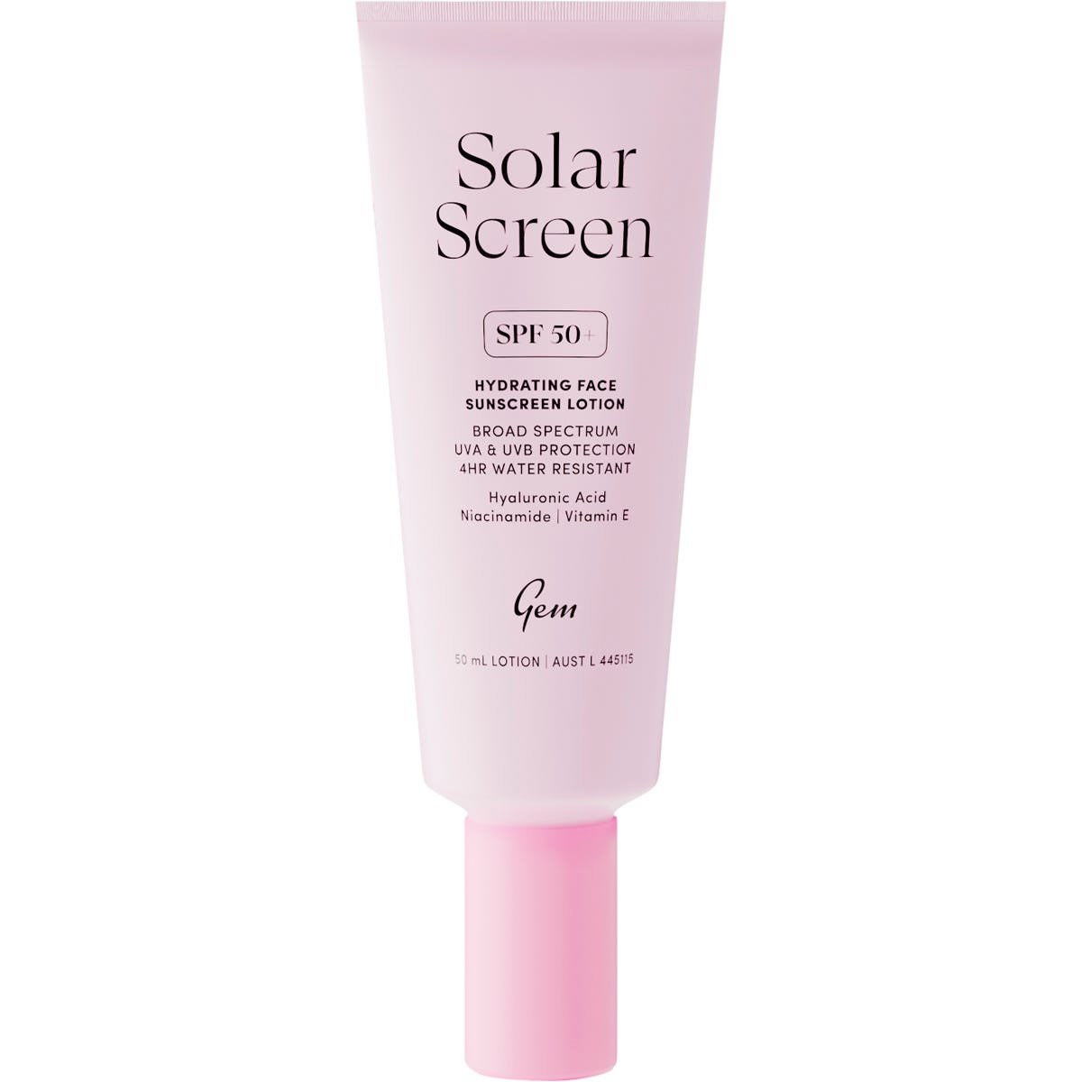 Gem Solar Screen SPF 50+ Hydrating Face Sunscreen Lotion 50ml tube with orange and white accents.