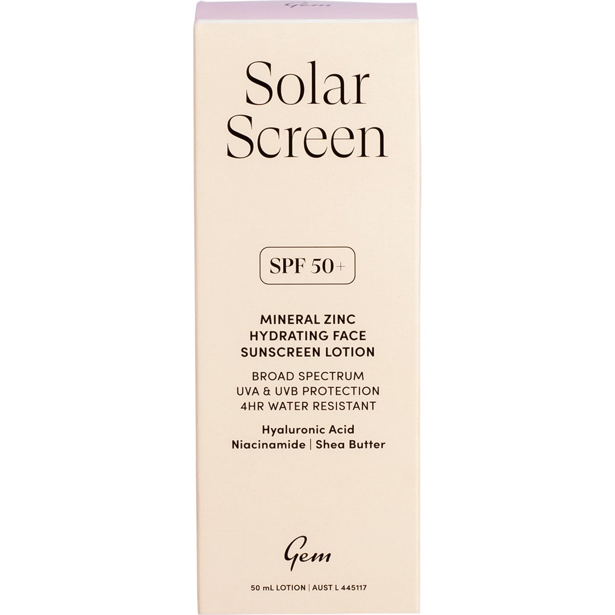 Gem Solar Screen SPF 50+ Hydrating Face Sunscreen Lotion 50ml retail box with orange and white accents.
