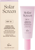Gem Solar Screen SPF50+ Hydrating Face Sunscreen tube and box set with hyaluronic acid, niacinamide, and vitamin E.