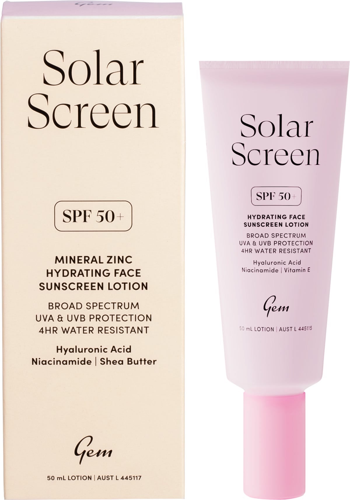 Gem Solar Screen SPF50+ Hydrating Face Sunscreen tube and box set with hyaluronic acid, niacinamide, and vitamin E.
