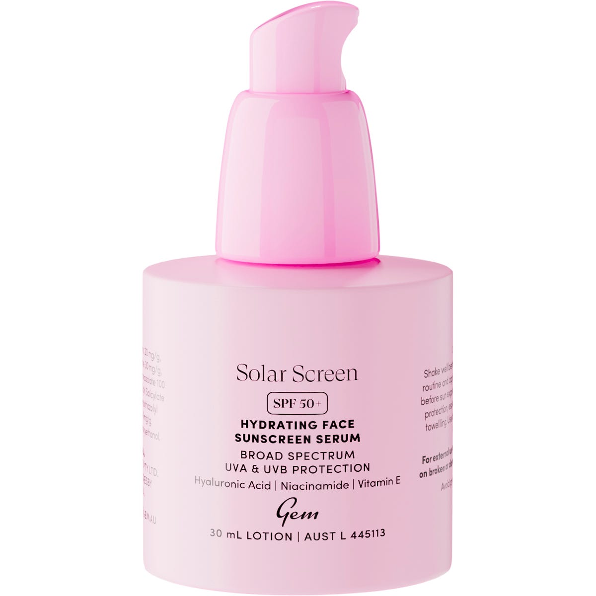 Gem 30ml hydrating face sunscreen serum bottle with a white pump lid and a peach-colored label.