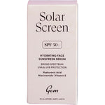 Peach-colored retail box for Gem Solar Screen SPF 50+ Hydrating Face Sunscreen Serum against a white background.