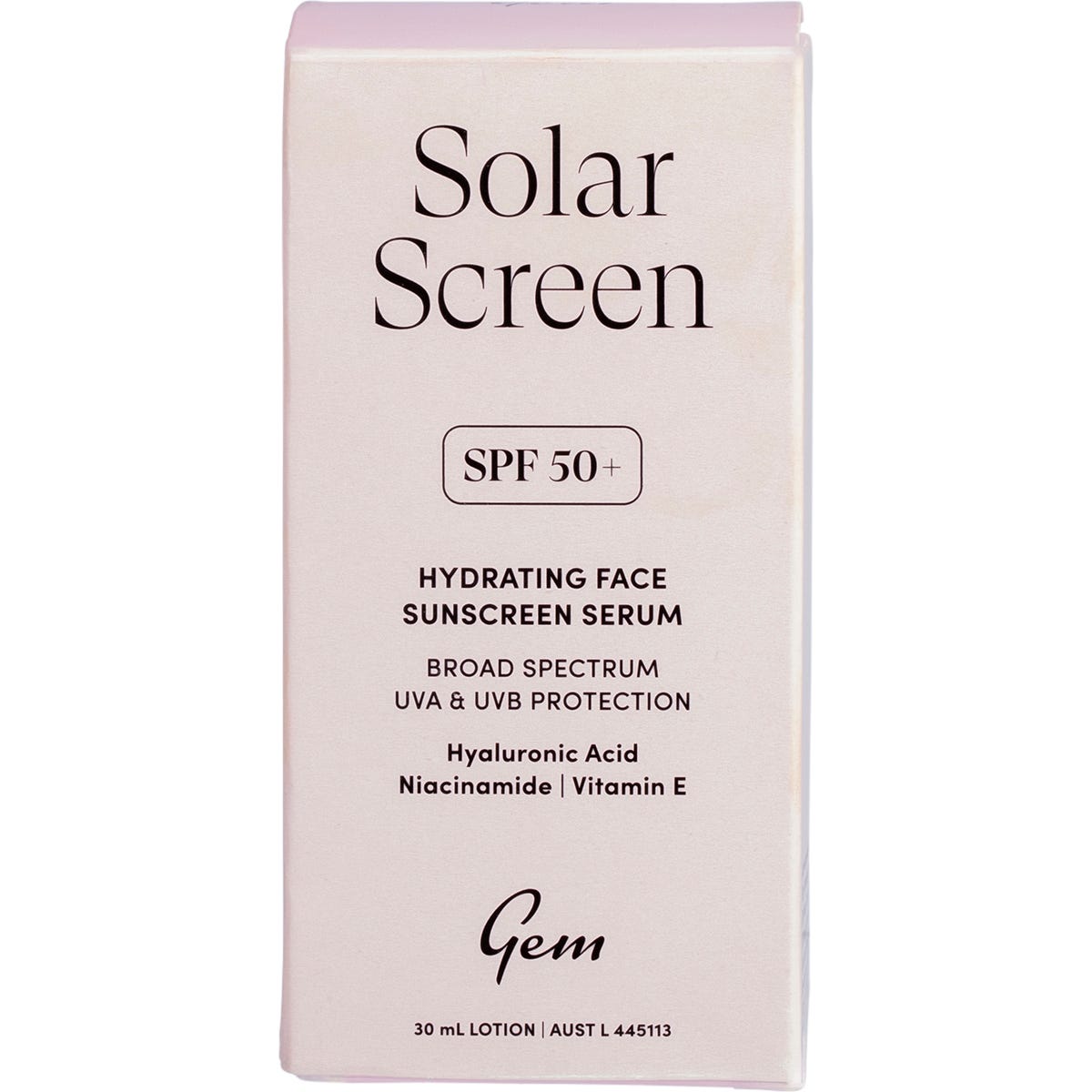 Peach-colored retail box for Gem Solar Screen SPF 50+ Hydrating Face Sunscreen Serum against a white background.