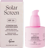 Gem Solar Screen SPF50+ Hydrating Face Sunscreen Serum bottle and box with hyaluronic acid, niacinamide, and vitamin E.