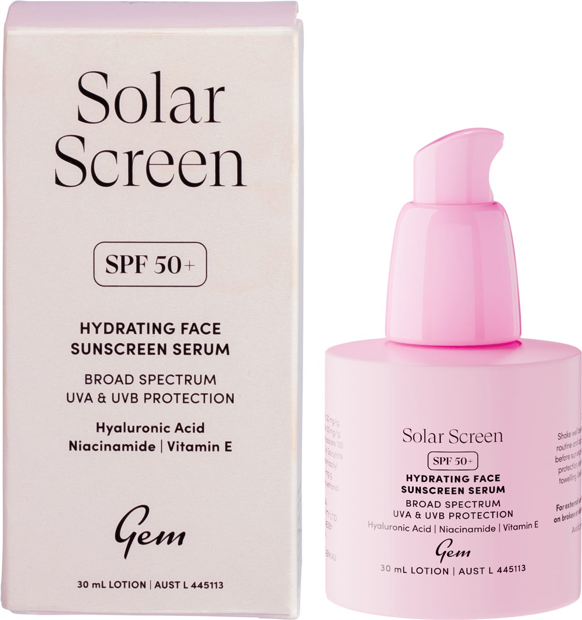 Gem Solar Screen SPF50+ Hydrating Face Sunscreen Serum bottle and box with hyaluronic acid, niacinamide, and vitamin E.