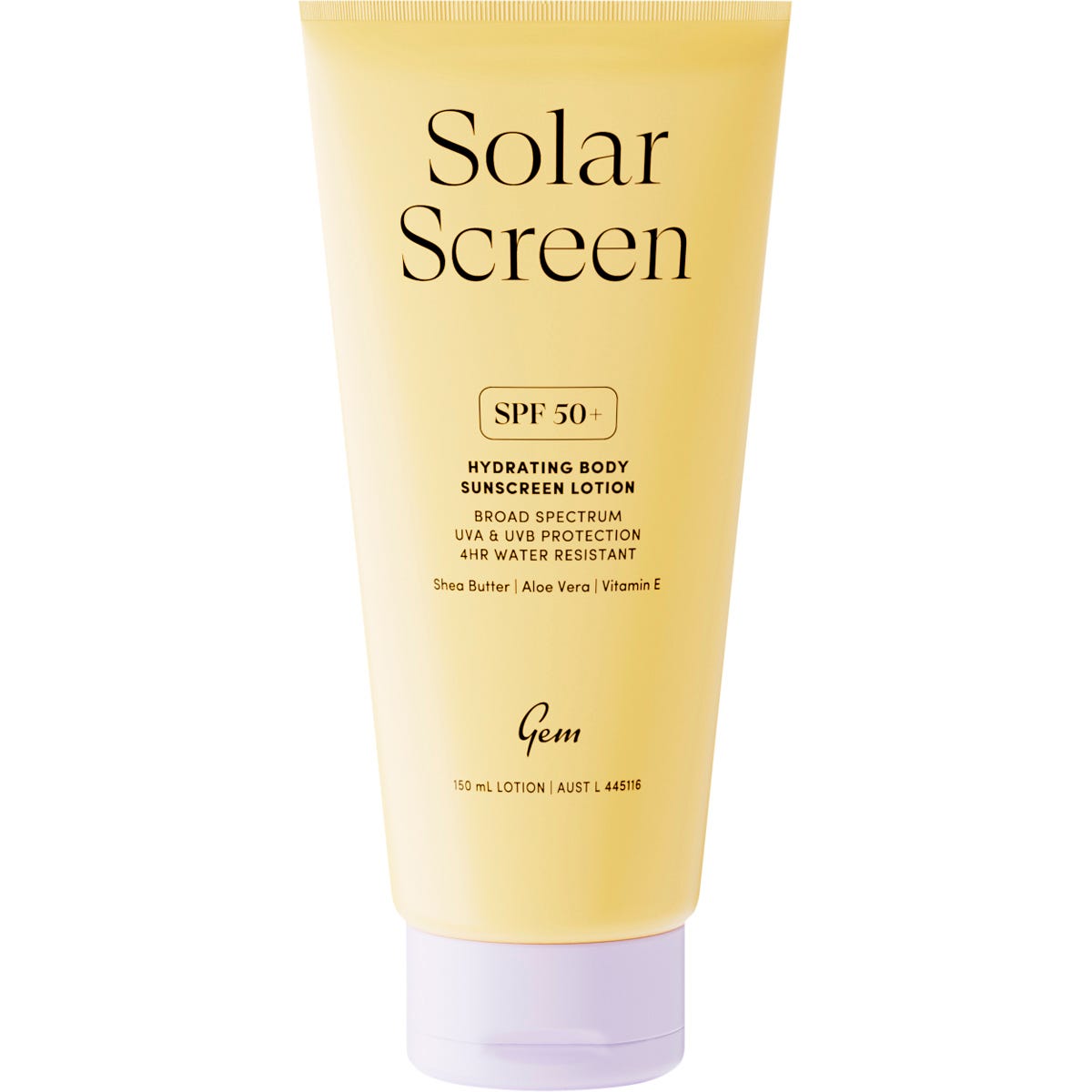Gem Solar Screen SPF50+ Hydrating Body Sunscreen Lotion in a 150ml yellow and white tube on a white background.