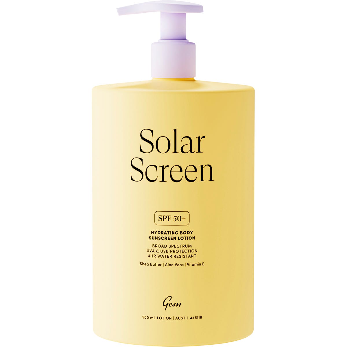 500ml pump bottle of Gem Solar Screen SPF 50+ Hydrating Body Sunscreen Lotion with a white and blue label.