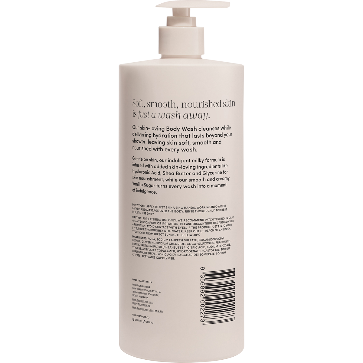 Back of Gem 900ml Vanilla Sugar Body Wash bottle showing ingredients and information on a white background.