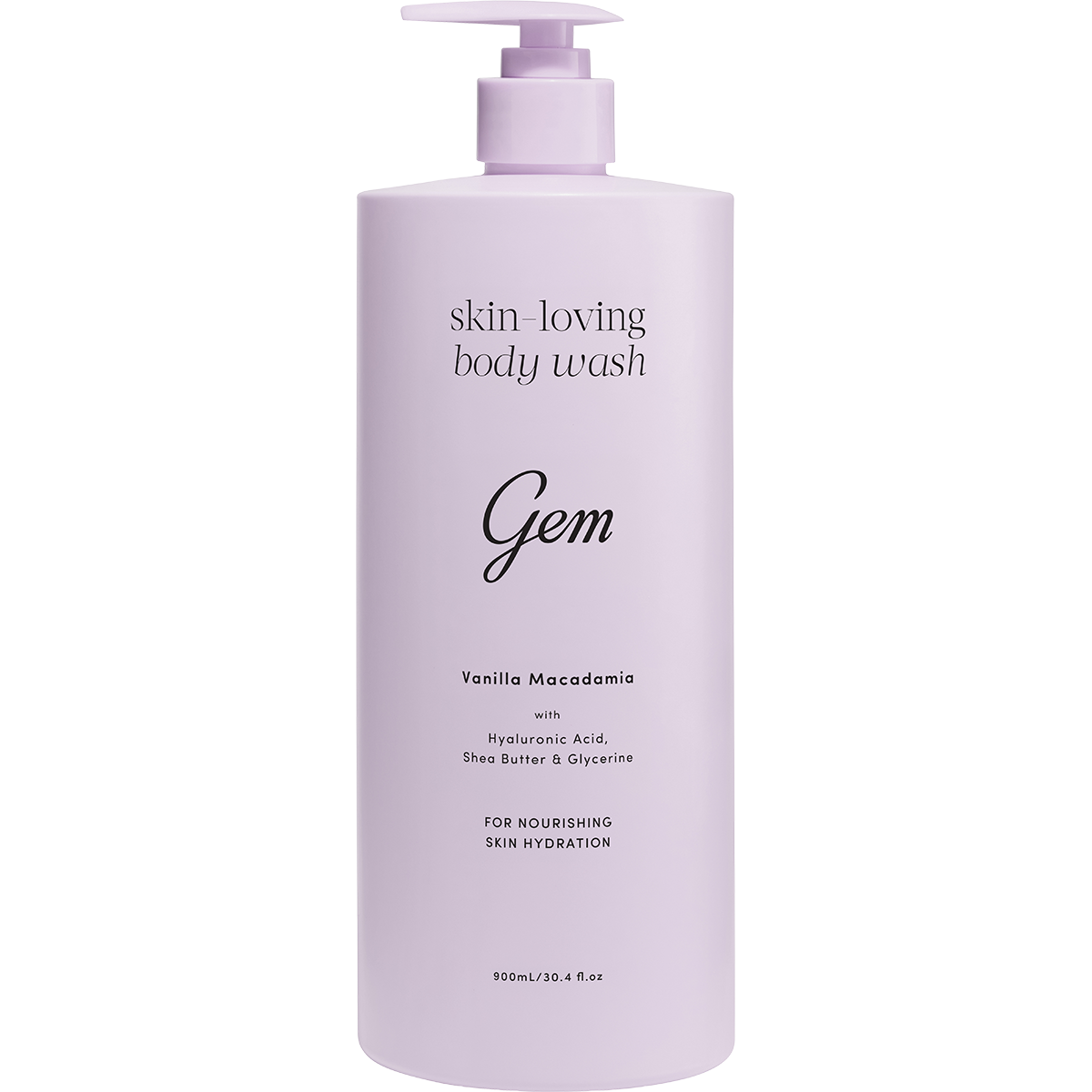 Gem 900ml Skin-Loving Body Wash Vanilla Macadamia bottle on a white background.
