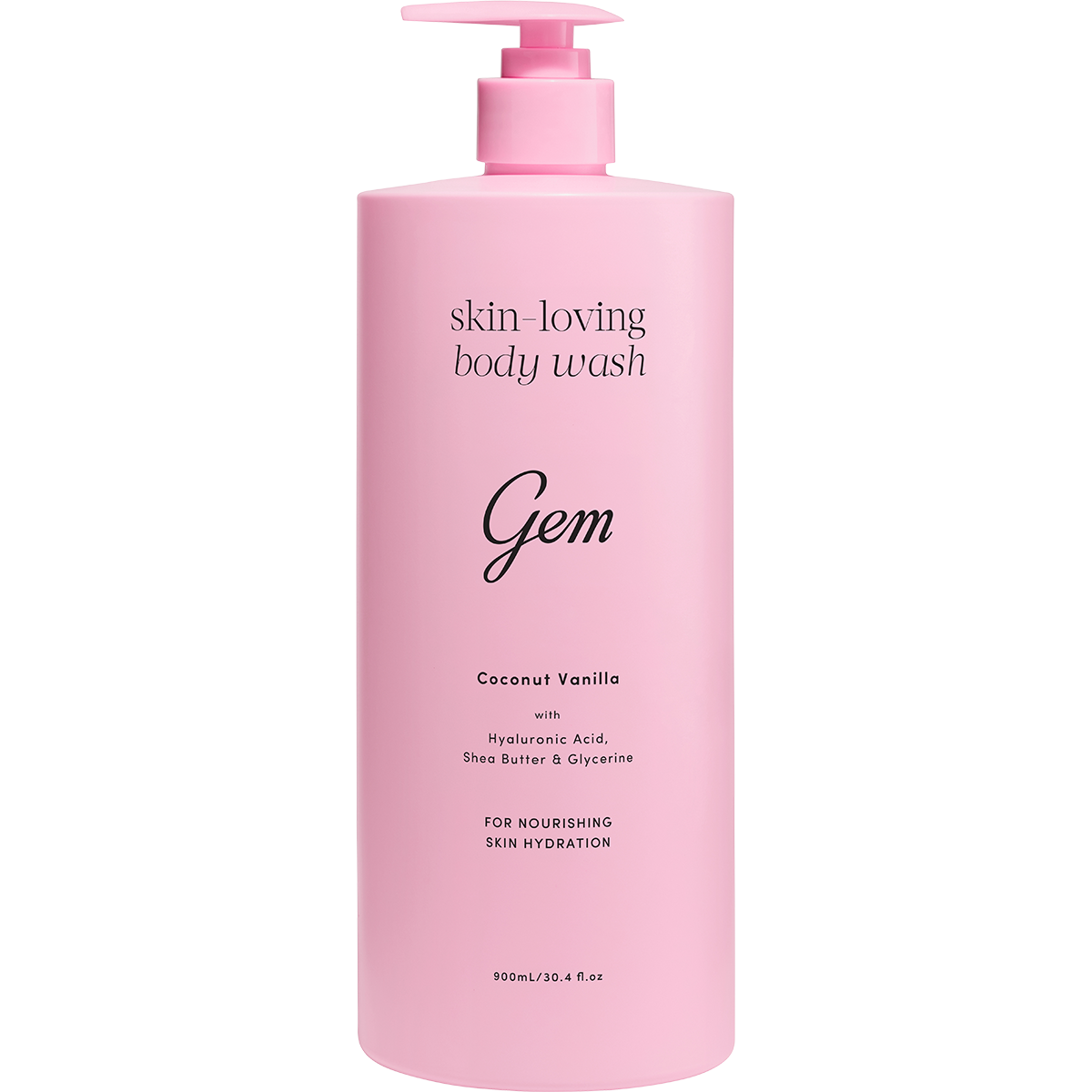 Gem 900ml Skin-Loving Body Wash Coconut Vanilla bottle on a white background.