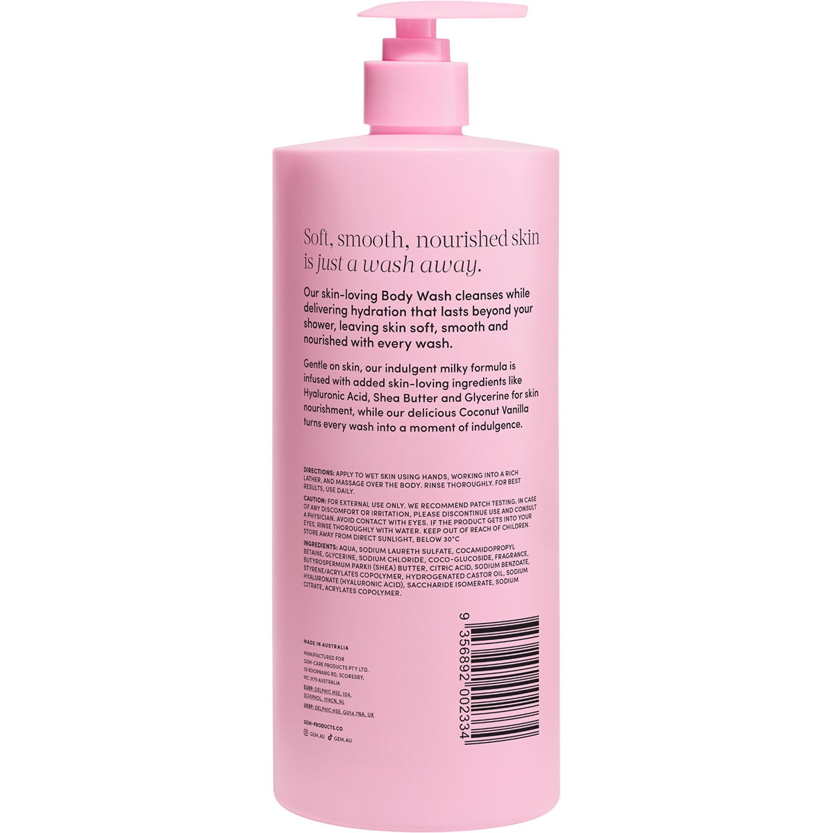 Back of Gem 900ml Coconut Vanilla Body Wash bottle showing ingredients and barcode on a white background.