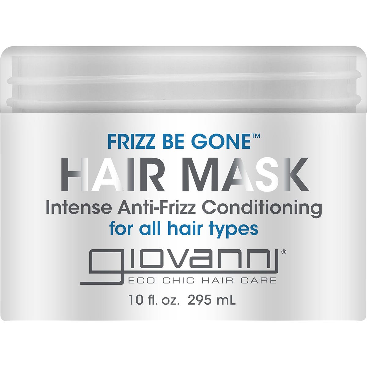 295ml tub of Giovanni Frizz Be Gone Hair Mask with shea butter and sweet almond oil for intense anti-frizz conditioning.