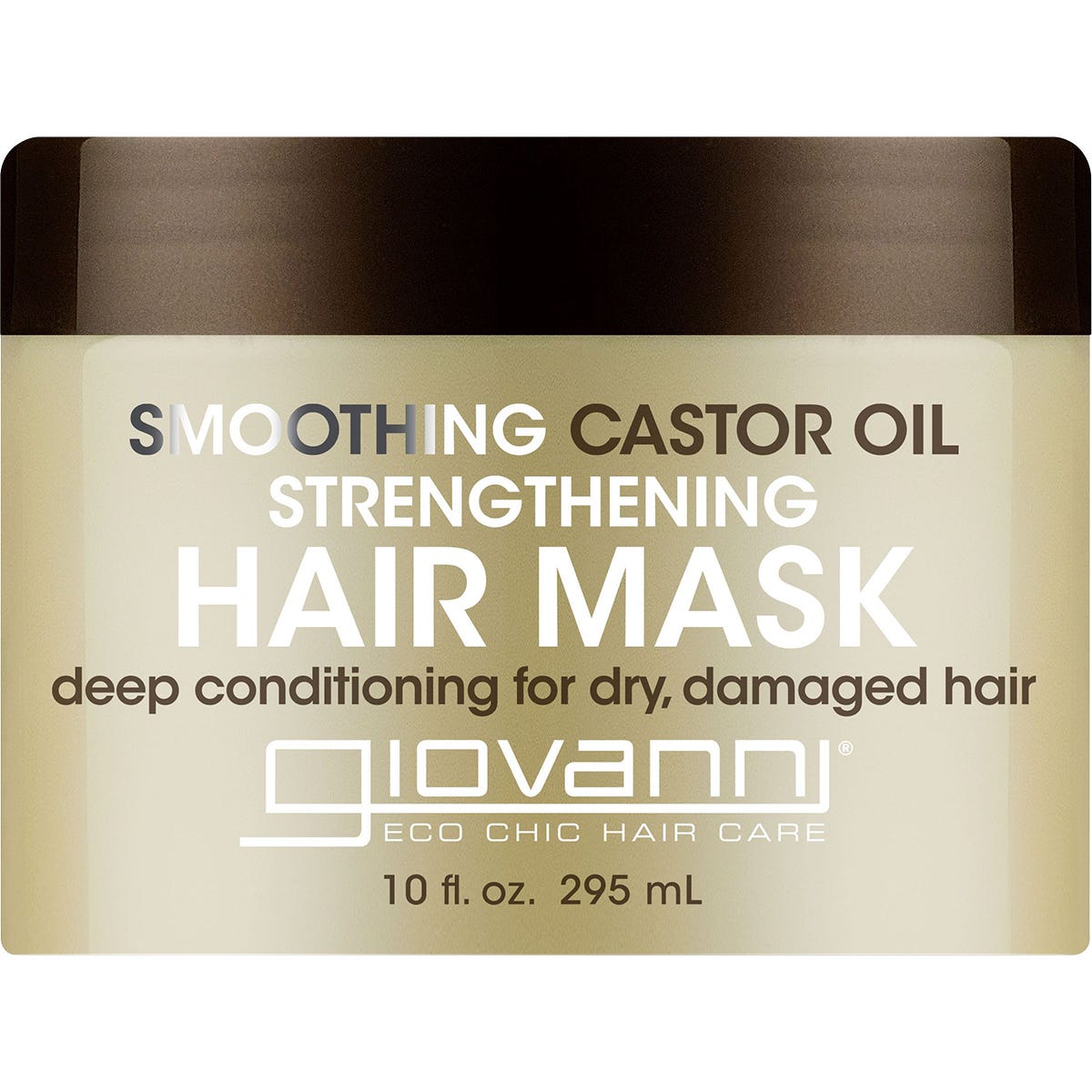 Giovanni Smoothing Castor Oil Strengthening Hair Mask 295ml tub with purple and white labeling on a white background.